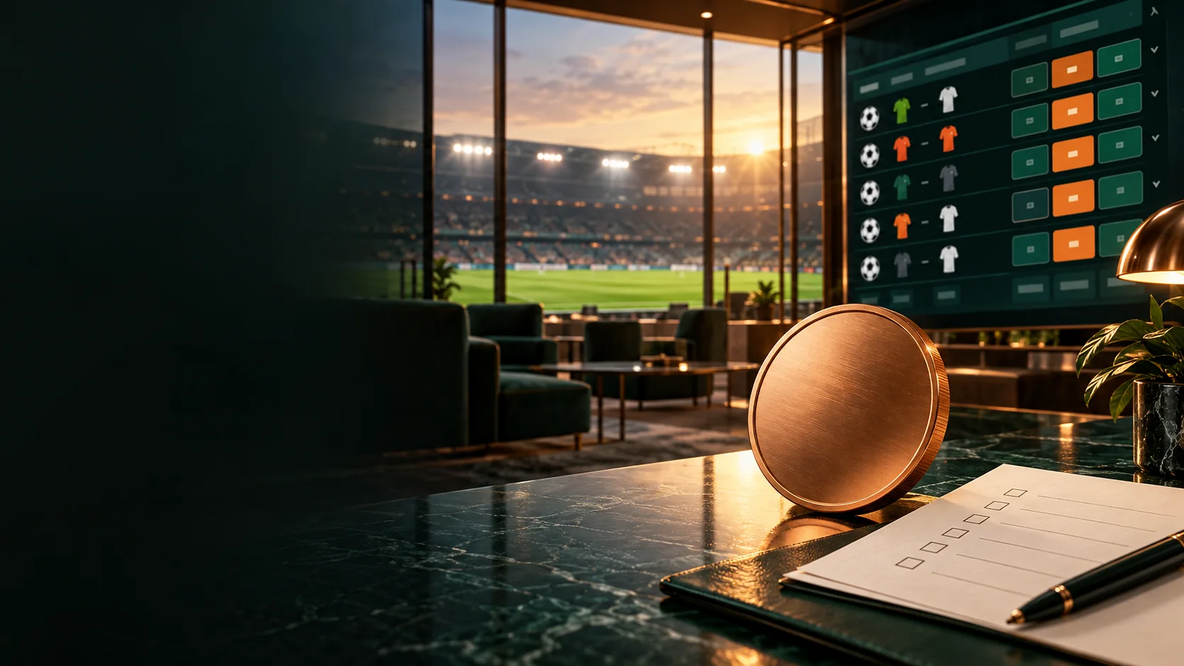Futbol stadyumu önünde soyut spor bahisleri ekranı ve bonus koşulu kontrol listesi